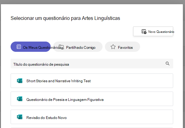 Captura de ecrã do questionário.