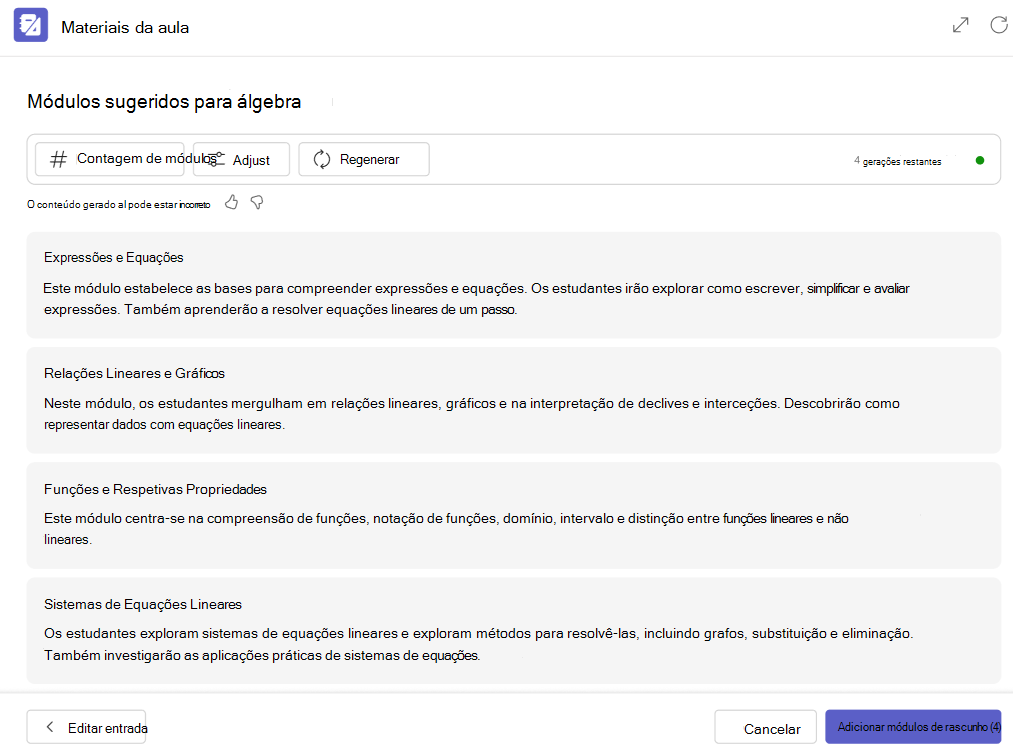 Captura de ecrã dos módulos.