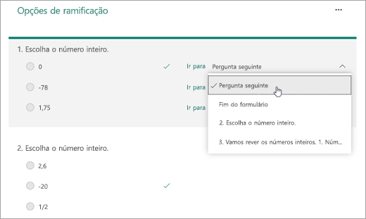 Captura de ecrã a mostrar a seleção de uma pergunta para a qual pretende ramificar.