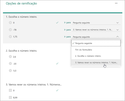 Captura de ecrã de pergunta de ramificação.