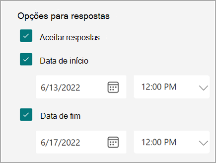 Captura de ecrã das definições do formulário/questionário onde os utilizadores podem definir uma data de início e fim das respostas.
