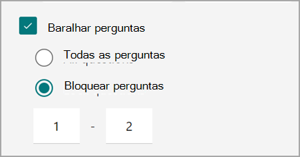 Captura de ecrã da definição de questionário/formulário para baralhar e bloquear perguntas de questionário.