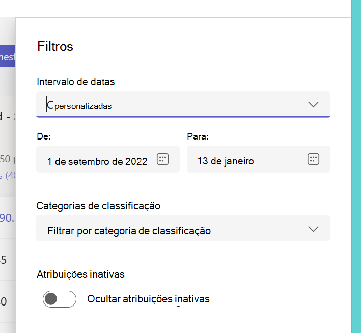 Captura de ecrã dos filtros.