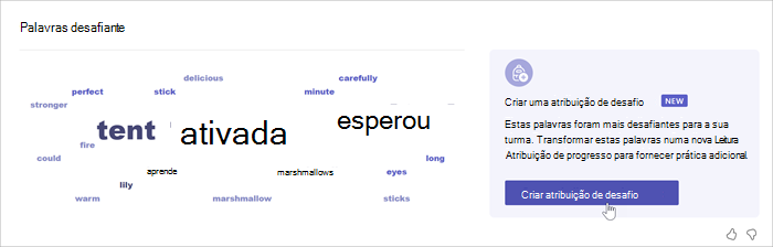 Captura de ecrã que mostra uma nuvem de palavras que mostra as palavras que os estudantes mais interpretaram mal. Quanto maior for a palavra, mais vezes os estudantes cometeram um erro. um rato paira sobre a palavra conspícuo e um pop-up mostra que a palavra foi perdida 52 vezes.