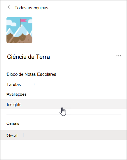 Captura de ecrã da navegação no Teams
