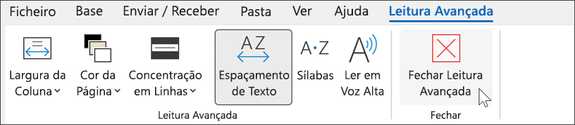Ferramenta de leitura avançada no Outlook com o cursor a pairar sobre o rato