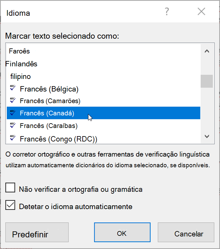 Captura de ecrã a partir de Word. Pop-up lista idiomas que podem ser selecionados. Detetar o idioma automaticamente é verificado.