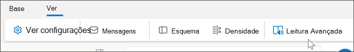 Captura de ecrã da parte superior do Outlook Web a mostrar o separador de vista selecionado e o rato a pairar sobre o leitor envolvente