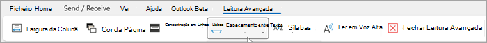 Captura de ecrã a mostrar o friso do leitor envolvente no ambiente de trabalho do Outlook. As opções da esquerda para a direita são a largura da coluna, a cor da página, o foco da linha, o espaçamento de texto, as sílabas, a leitura em voz alta, o leitor envolvente próximo