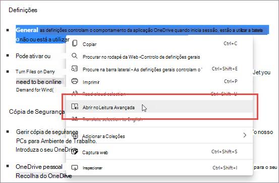 Introduza Leitura Avançada através do menu de contexto.