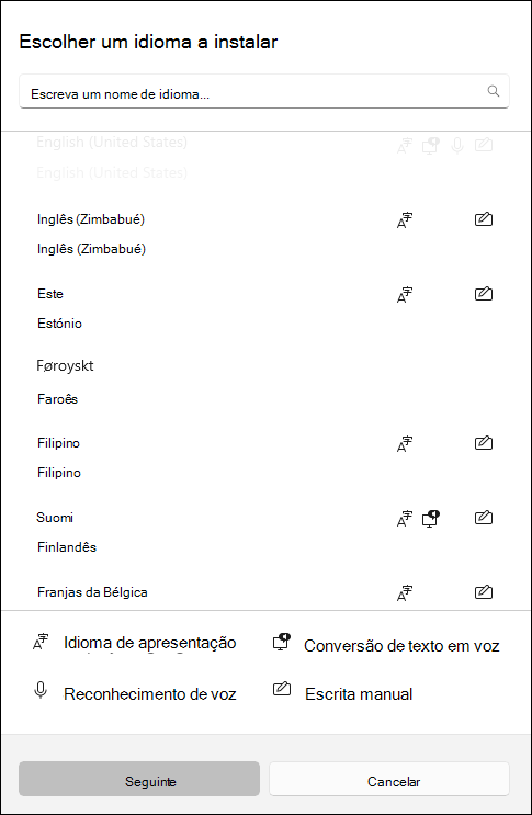 Captura de ecrã a mostrar os pacotes de idiomas disponíveis para transferência nas definições de Windows 10.