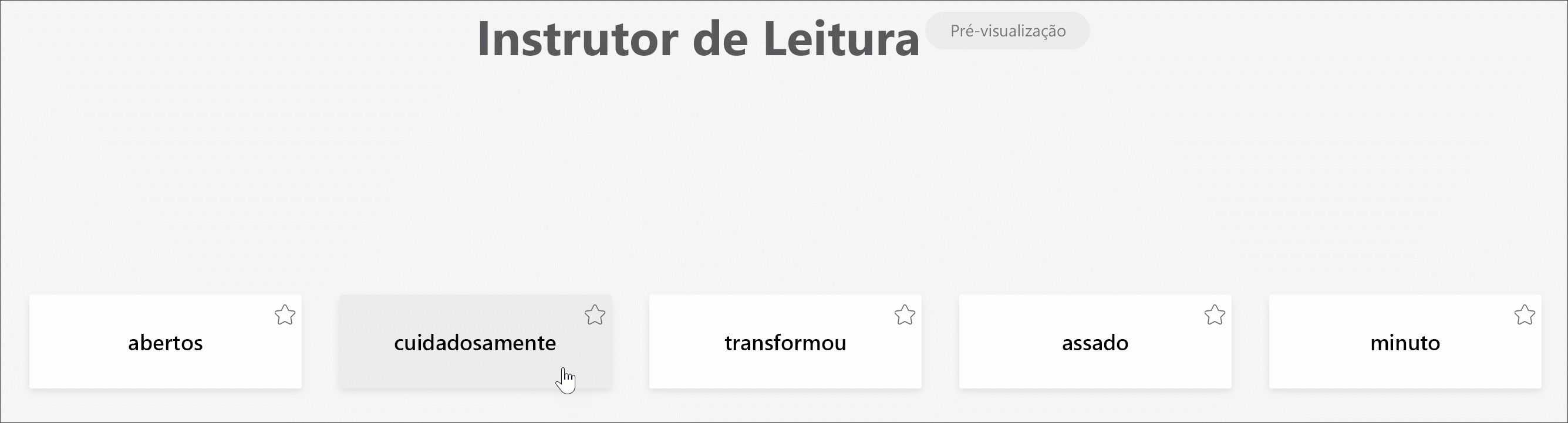 captura de ecrã da vista de estudante do instrutor de leitura a mostrar as 5 palavras que um estudante mais desafiou com o cursor a pairar sobre a palavra cuidadosamente