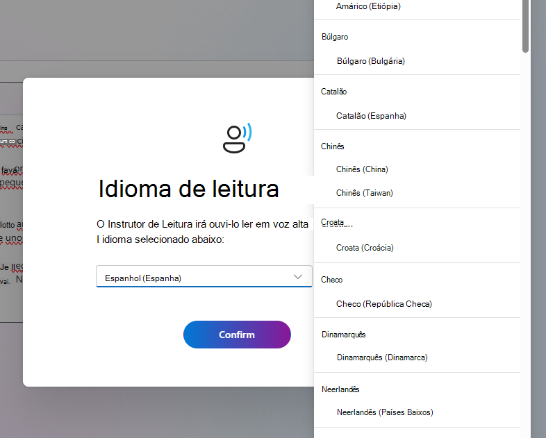 Captura de ecrã de mais opções de idiomas de leitura.