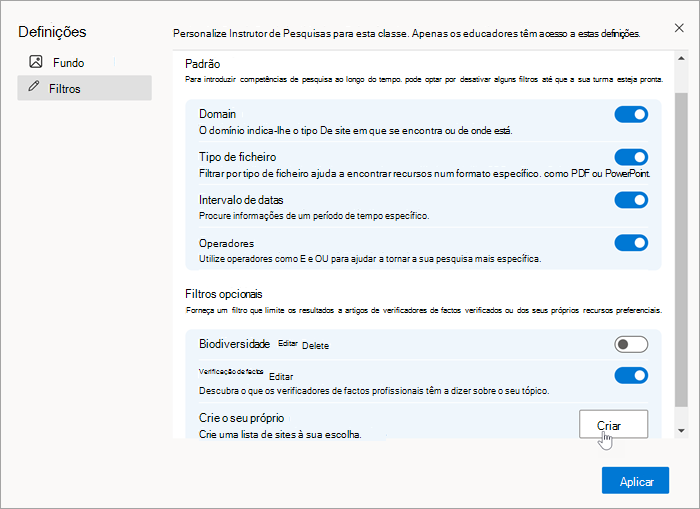 Captura de ecrã da secção de filtros nas definições com um rato a selecionar Criar ao criar o seu próprio