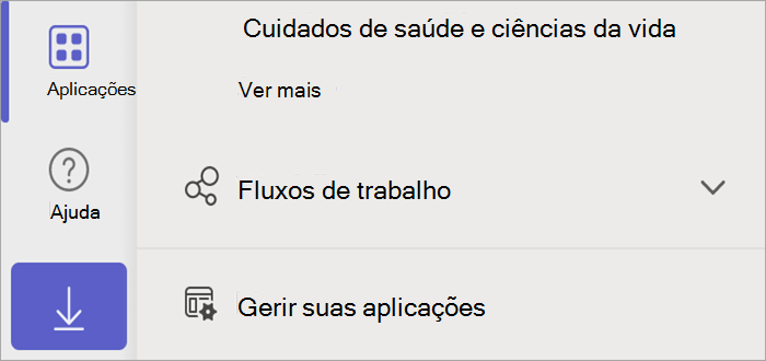 Captura de ecrã do Teams a mostrar o botão aplicações, que revela o botão Gerir as suas aplicações.