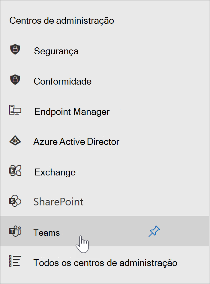 captura de ecrã do centro de administração do Microsoft 365 com o cursor a pairar sobre o ponto de entrada do centro de administração do Teams.