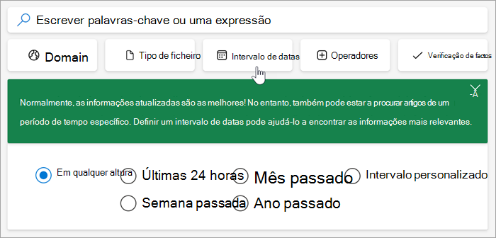 Captura de ecrã das opções de intervalo de datas, últimas 24 horas, semana passada, mês passado, ano passado, intervalo personalizado.