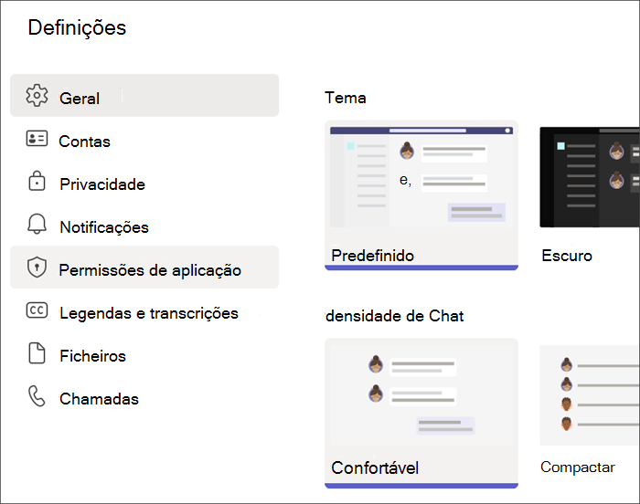 Captura de ecrã a mostrar as definições do Teams a partir de um perfil de estudante. As Permissões da Aplicação estão realçadas.