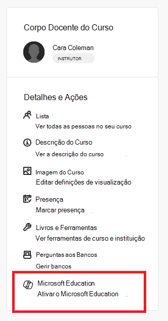Os Livros e Ferramentas ativam o item do Microsoft Education