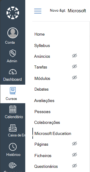 Selecione o menu de navegação do curso Microsoft Education no Canvas