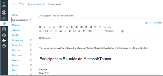 Ligação do Microsoft Teams na publicação do Canvas