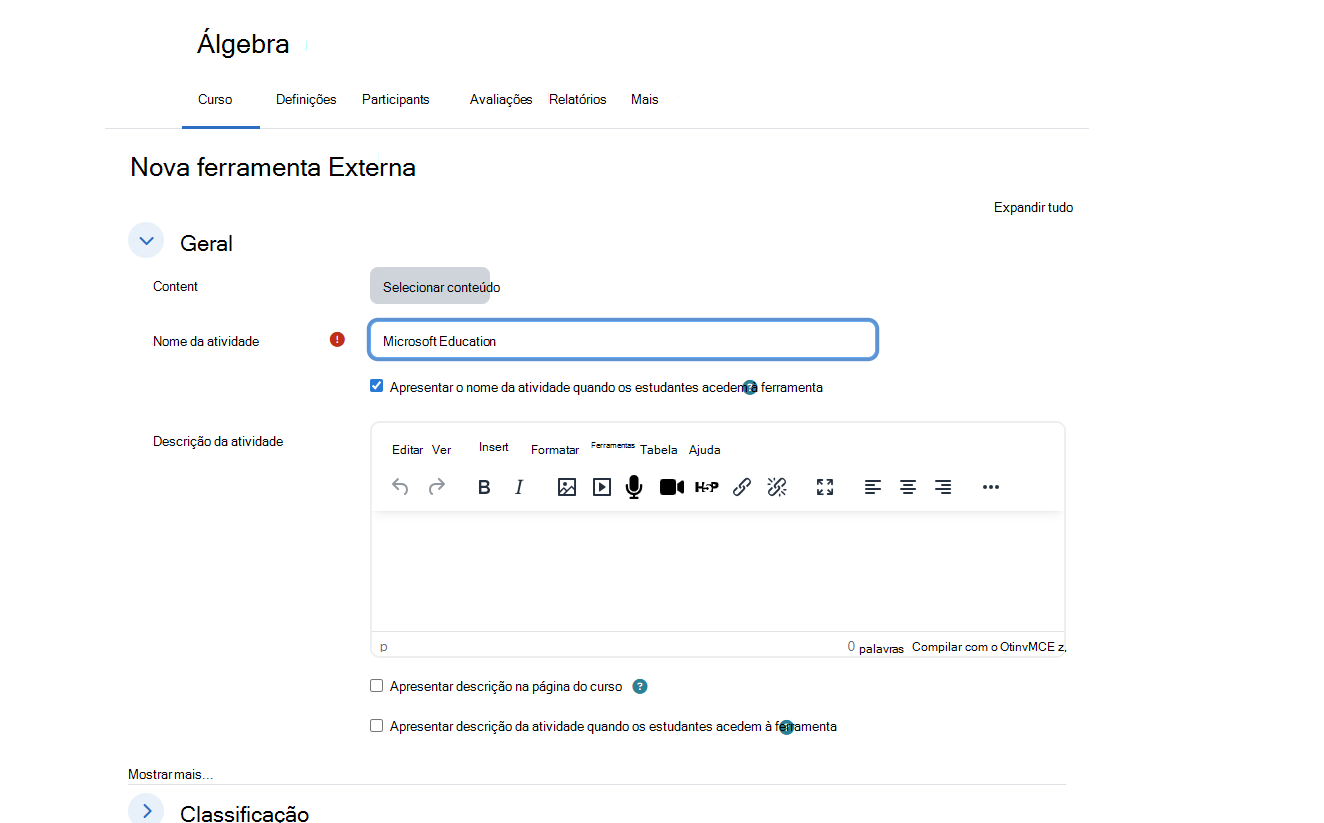 Caixa de diálogo Nova Ferramenta Externa do Moodle