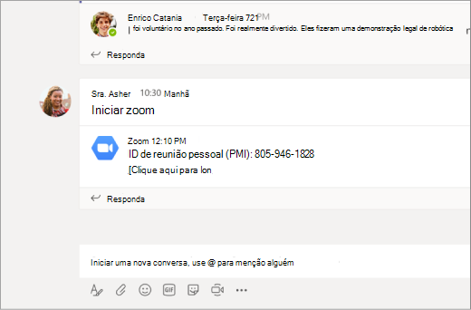 Ligação do zoom no canal do Microsoft Teams