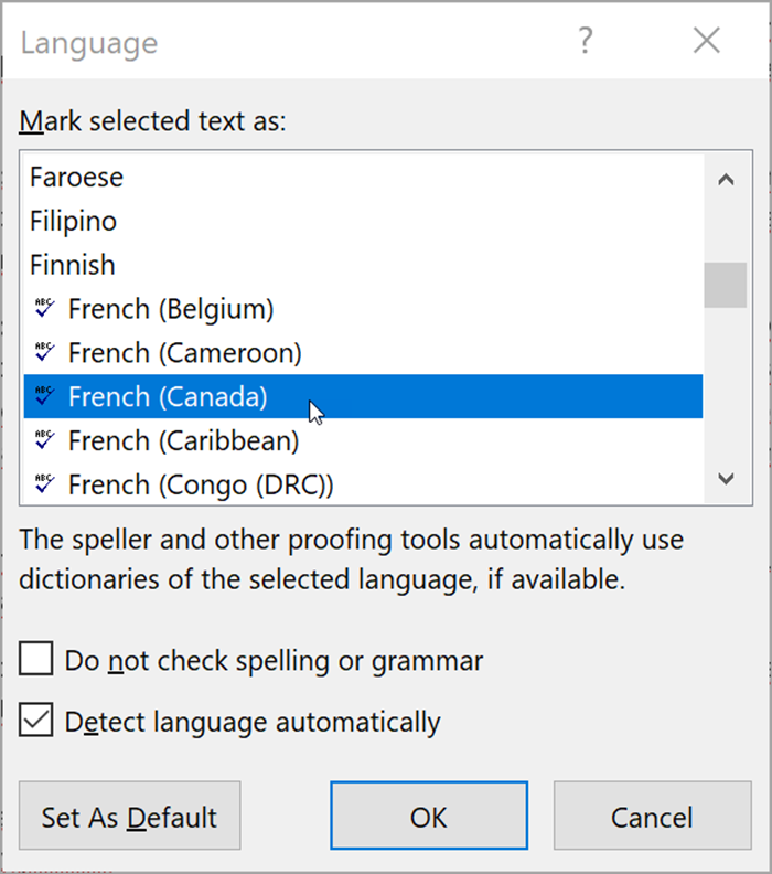 Captura de ecrã a partir de Word. Pop-up lista idiomas que podem ser selecionados. Detetar o idioma automaticamente é verificado.