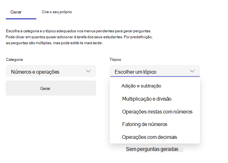 Captura de ecrã do separador Gerar.