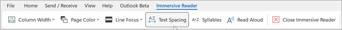 Captura de ecrã a mostrar o friso do leitor envolvente no ambiente de trabalho do Outlook. As opções da esquerda para a direita são a largura da coluna, a cor da página, o foco da linha, o espaçamento de texto, as sílabas, a leitura em voz alta, o leitor envolvente próximo