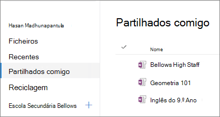 Captura de ecrã a mostrar os nomes dos blocos de notas.