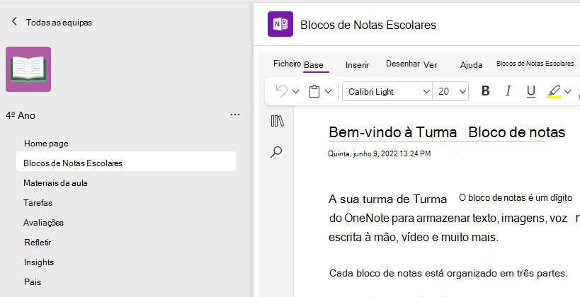 Captura de ecrã a mostrar a configuração do bloco de notas escolar.