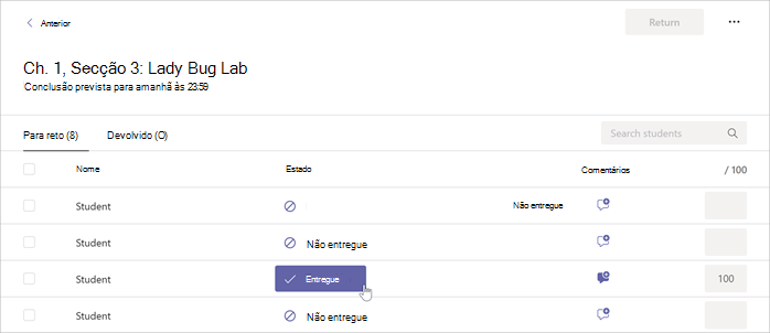 O cursor está a pairar sobre o botão Entregar dentro de um Trabalho selecionado no Microsoft Teams.