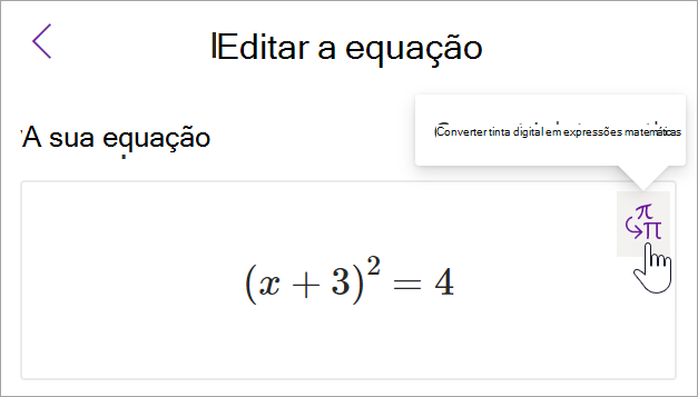 captura de ecrã do painel assistente matemática no onenote. Um cursor paira o cursor sobre o botão de tinta digital para texto.