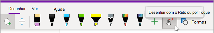 captura de ecrã do separador Desenhar do OneNote para Windows 10 com o rato a pairar sobre o botão Desenhar com o Rato ou o Toque