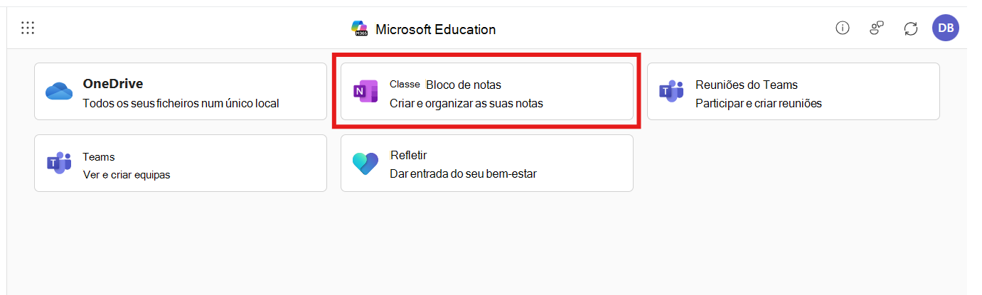 Captura de ecrã da aplicação Microsoft 365 LTI com o Bloco de Notas Escolar selecionado
