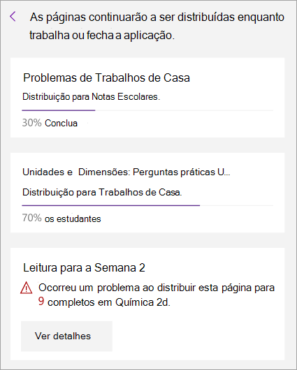 Um erro apresentado ao distribuir uma página no Blocos de Notas Escolares.