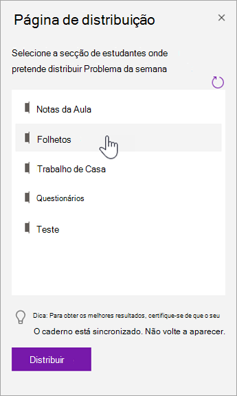 Selecione uma secção de estudantes no painel Distribuir página.
