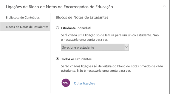 Crie ligações só de leitura para blocos de notas de estudantes individuais.