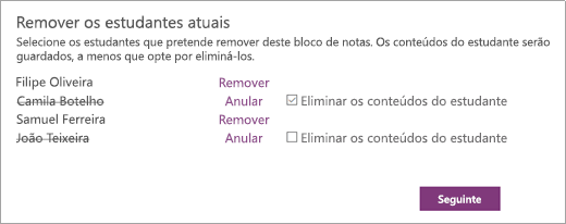 Abra Remover lista de estudantes atuais com os nomes dos estudantes selecionados. Uma caixa de verificação junto ao nome de um estudante selecionado indica Eliminar conteúdo dos estudantes.