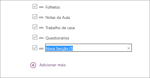 Reveja as secções do bloco de notas no Assistente de Blocos de Notas Escolares, incluindo Folhetos,