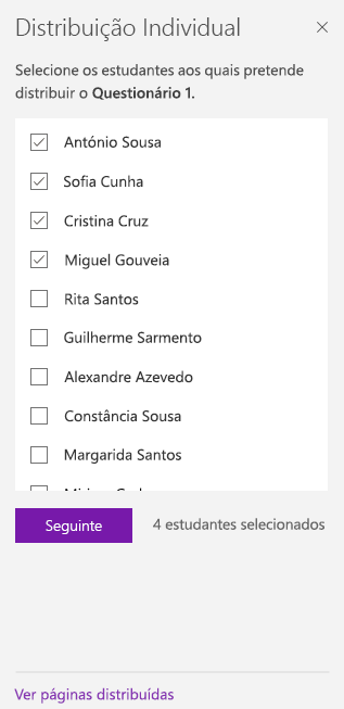 Selecione estudantes com caixas de verificação.