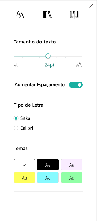 Menu Opções de Texto na Leitura Avançada