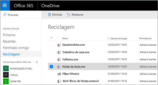Reciclagem do OneDrive com uma lista das páginas de blocos de notas.