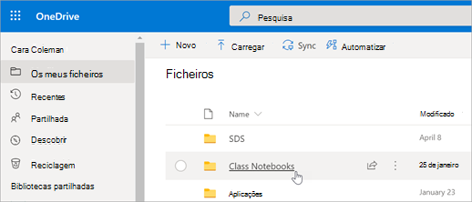 Em Os meus ficheiros, selecione Blocos de Notas Escolares.