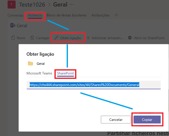 Clique em Files, em Obter Ligação e, em seguida, em SharePoint e, em seguida, em Copiar