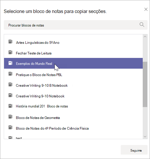 Selecione um bloco de notas para copiar secções.