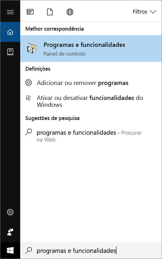 Abrir o menu Iniciar e escrever Programas e Funcionalidades