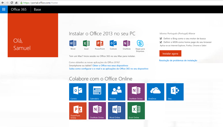 Captura de ecrã a mostrar como instalar o Office 365 num PC.