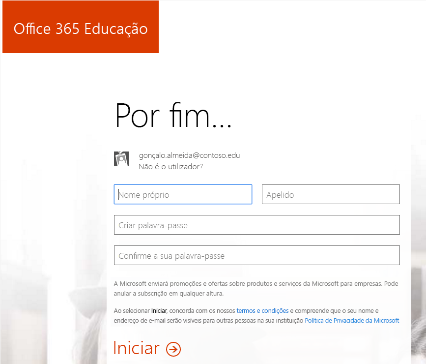 Captura de ecrã da página de criação de palavra-passe do processo de inscrição do Office 365.